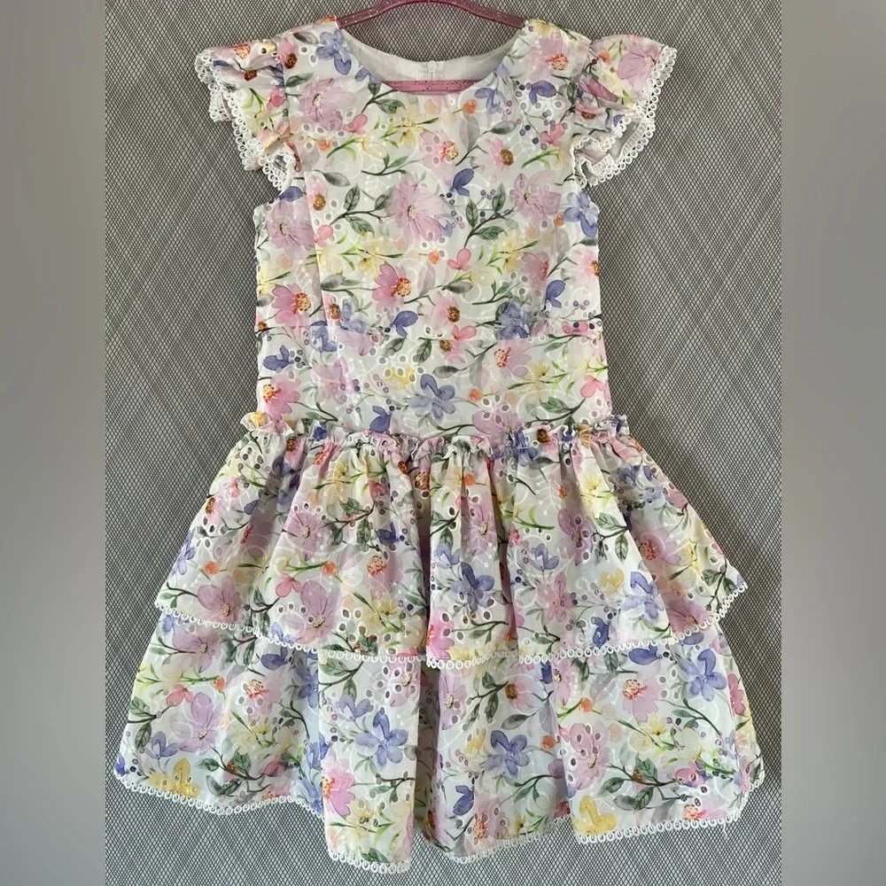 Rare Editions - Floral Eyelet Drop Waist Flutter sleeve Dress (Size 6)